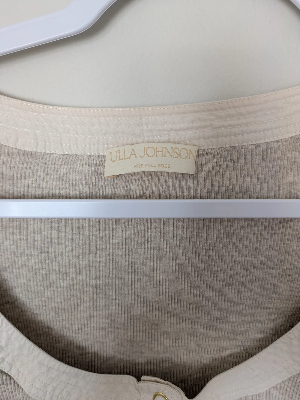 Ulla Johnson Scoop Neck Puff Sleeve Top in Beige and Cream